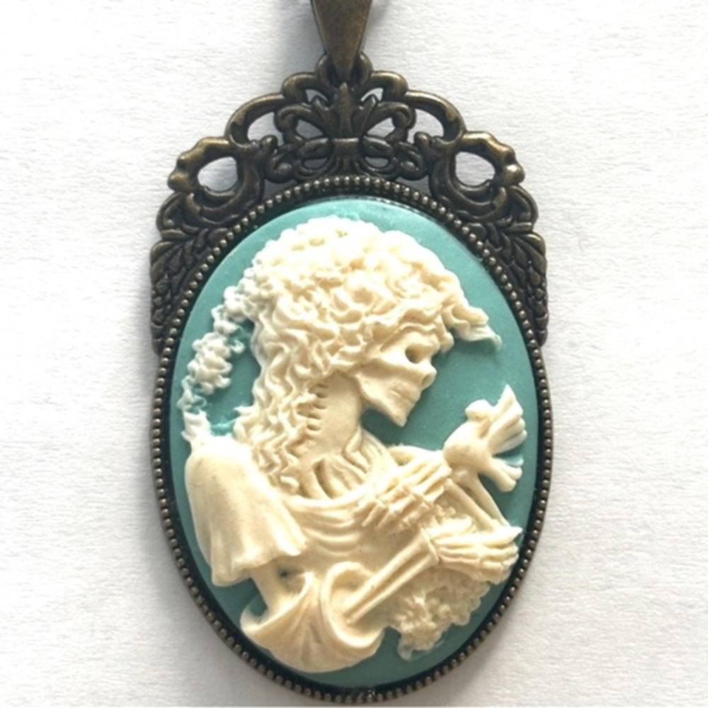 Blue and White Skeleton Lady Cameo Victorian Style Necklace, NWT, Handmade